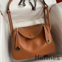 Bolsa Hermes Lindy 26 feita à mão em couro de bezerro Swift dourado