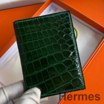Porta-cartões Hermes MC² Euclide em couro de crocodilo brilhante Vert Emeraud