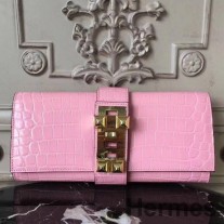 Bolsa clutch Hermes Medor em couro de crocodilo rosa