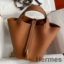 Bolsa Hermes Picotin Lock 18 feita à mão em couro Clemence dourado