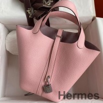 Bolsa Hermes Picotin Lock 18 feita à mão em couro Rose Sakura Clemence