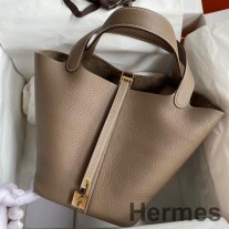 Bolsa Hermes Picotin Lock 22 feita à mão em couro Taupe Clemence