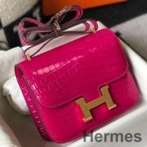 Bolsa Hermes Constance 18 feita à mão em crocodilo em relevo vermelho rosa