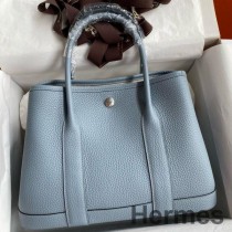 Bolsa Hermes Garden Party 30 feita à mão em couro Blue Lin Clemence