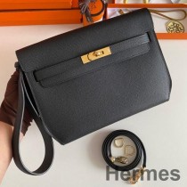 Bolsa Hermes Kelly Depeches 25 em couro de bezerro preto Epsom