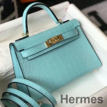 Bolsa Hermes Kelly Mini II feita à mão em couro com relevo de crocodilo azul Atoll