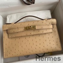 Bolsa Hermes Kelly Pochette feita à mão em couro de avestruz Chai