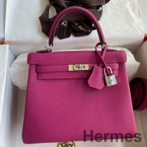 Bolsa Hermes Kelly Retourne 25 feita à mão em couro Clemence roxo rosa