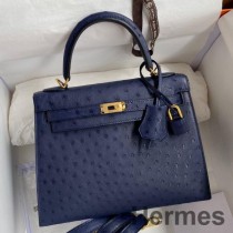 Bolsa Hermes Kelly Sellier 25 feita à mão em couro de avestruz íris azul