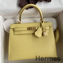 Bolsa Hermes Kelly Sellier 25 feita à mão em couro de bezerro Jaune Poussin Epsom