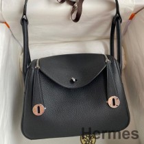 Bolsa Hermes Lindy 26 feita à mão em couro preto Clemence