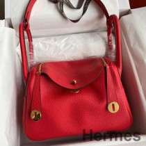 Bolsa Hermes Lindy 26 feita à mão em couro vermelho Clemence