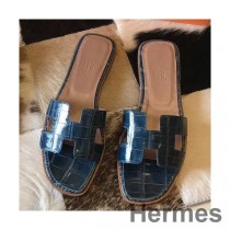 Sandálias Hermes Oran em crocodilo Niloticus azul brilhante