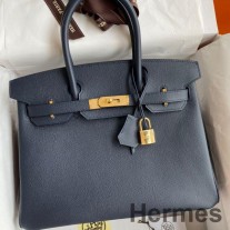 Hermes Birkin 30 Retourne Håndlavet Taske I Blå Nuit Epsom Kalveskind