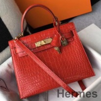 Hermes Kelly 25 cm håndlavet taske i rødt præget krokodillelæder