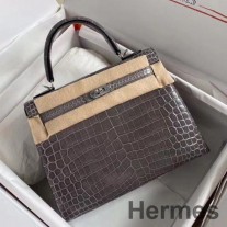 Hermes Kelly Retourne 25 håndlavet taske i taupe krokodille Niloticus skinnende hud