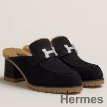 Hermes Flore 60 Mules i sort ruskind med shearling