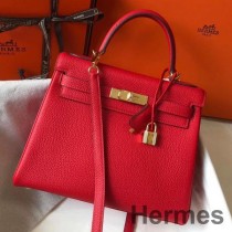 Hermes Kelly 28cm Taske I Rødt Clemence Læder GHW