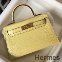 Hermes Kelly Mini II taske i jaune poussin præget krokodillelæder