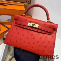 Hermes Kelly Mini II Håndlavet taske i rødt strudslæder