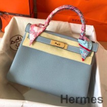 Hermes Kelly Retourne 28 Håndlavet taske i blåt lin Clemence læder