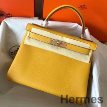 Hermes Kelly Retourne 28 Håndlavet taske i Jaune Ambre Clemence læder