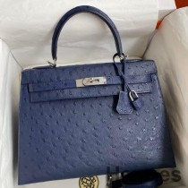 Hermes Kelly Sellier 32 Håndlavet taske i blåt Iris strudslæder