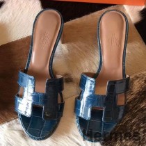 Hermes Oasis Sandaler I Blå Skinnende Niloticus Krokodille