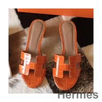 Hermes Oasis Sandaler I Orange Skinnende Niloticus Krokodille