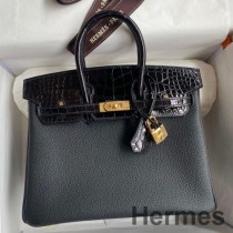 Hermes Touch Birkin 25 taske i sort Togo og skinnende alligator læder