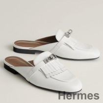 Hermes Oz Mules til kvinder med frynsede i hvidt læder