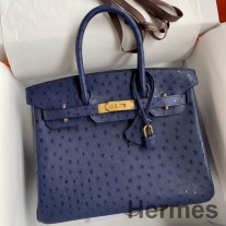 Mála Lámhdhéanta Hermes Birkin 30 Retourne I Leathar Ostrich Iris Gorm
