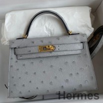 Mála Lámhdhéanta Hermes Kelly Mini II Díoltóir I Leathar Ostrich Oighearshruth Oighearshruth Bleu