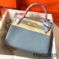 Hermes Kelly Retourne 28 Mála Lámhdhéanta I Leathar Clemence Blue Lin