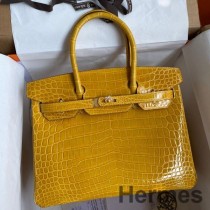 Mála Lámhdhéanta Hermes Birkin 30 I gCraiceann Shiny Crogall Jaune Ambre Niloticus