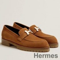Hermes mBan Faubourg Loafers i Brown Suede Leathar