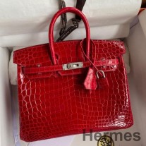 Hermes Birkin 25 ručno izrađena torba od sjajne kože crvenog krokodila
