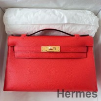 Hermes Kelly Pochette ručno izrađena torba od teleće kože Rouge Piment Epsom