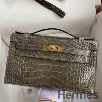 Hermes Kelly Pochette ručno izrađena torba od tamno-smeđe sjajne aligatorove kože
