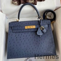 Hermes Kelly Sellier 28 ručno rađena torba od nojeve kože plavog irisa