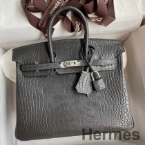 Hermes Birkin 25 torba od tamnosive mat aligatorove krokodilske kože