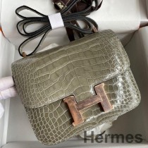 Hermes Constance 18 Ručno izrađena torba od sive sjajne aligatorove kože