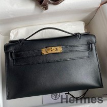 Hermes Kelly Pochette ručno izrađena torba od crne brze teleće kože