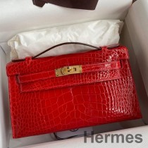 Hermes Kelly Pochette ručno rađena torba od crvene sjajne aligatorove kože