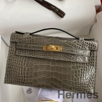 Hermes Kelly Pochette ručno izrađena torba od tamno-smeđe sjajne aligatorove kože