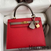 Dvobojna torba Hermes Kelly Sellier 25 u crvenoj i Etain Epsom telećoj koži