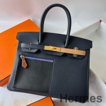 Hermes カラーマティック バーキン 30 バッグ ブルー ニュイ、ブラック、チャイ スイフト レザー