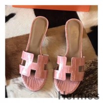 Hermes オアシス サンダル ピンク シャイニー ニロティカス クロコダイル