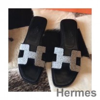 Hermes オラン サンダル ブラック スエード クリスタル付き