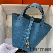 Hermes ピコタン ロック 22 ブルー ジーンズ クレマンス レザーのハンドメイドバッグ